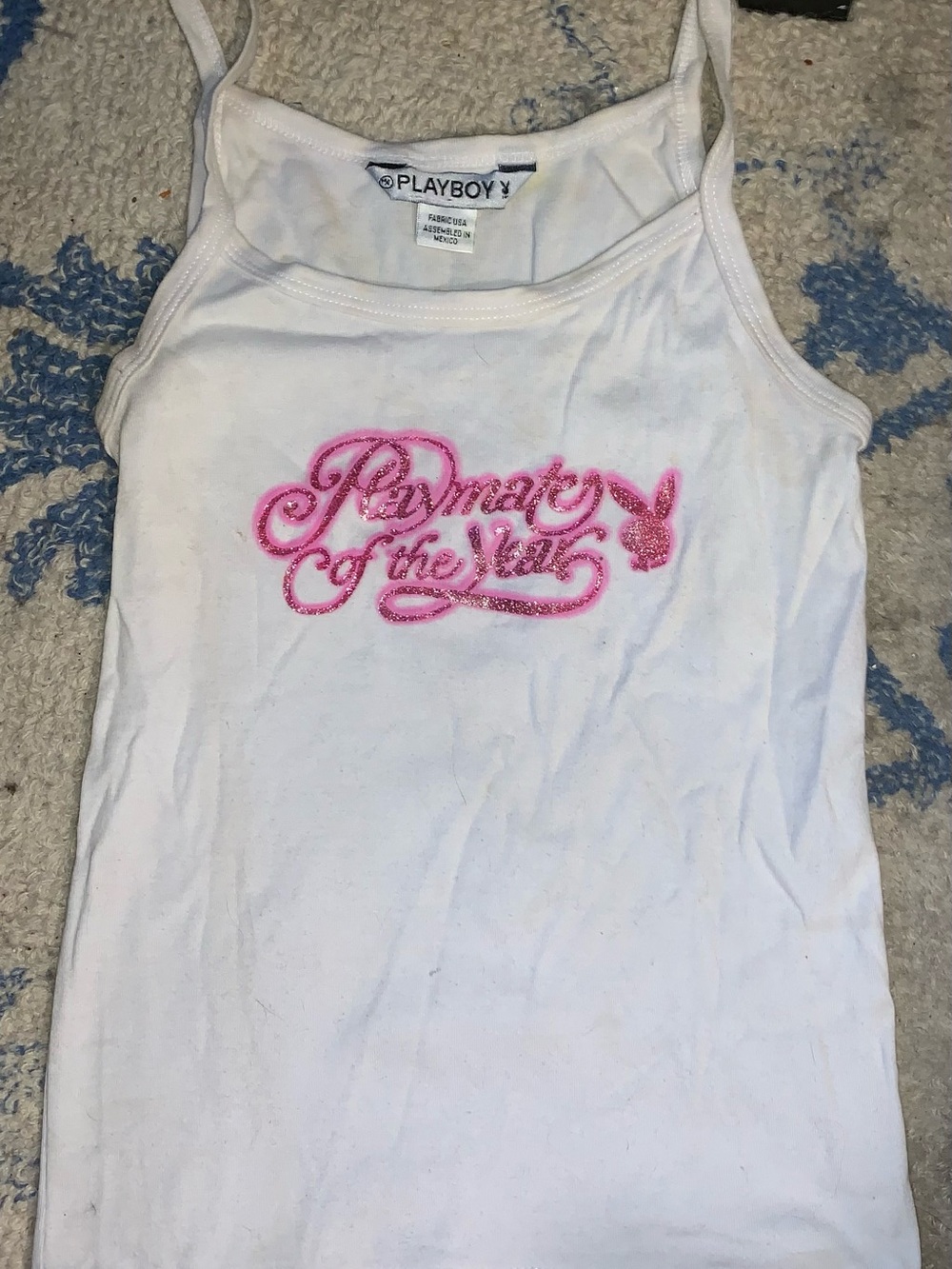 PLAYBOY White Tank with Pink Glitter 'Playmate of the Year' Script